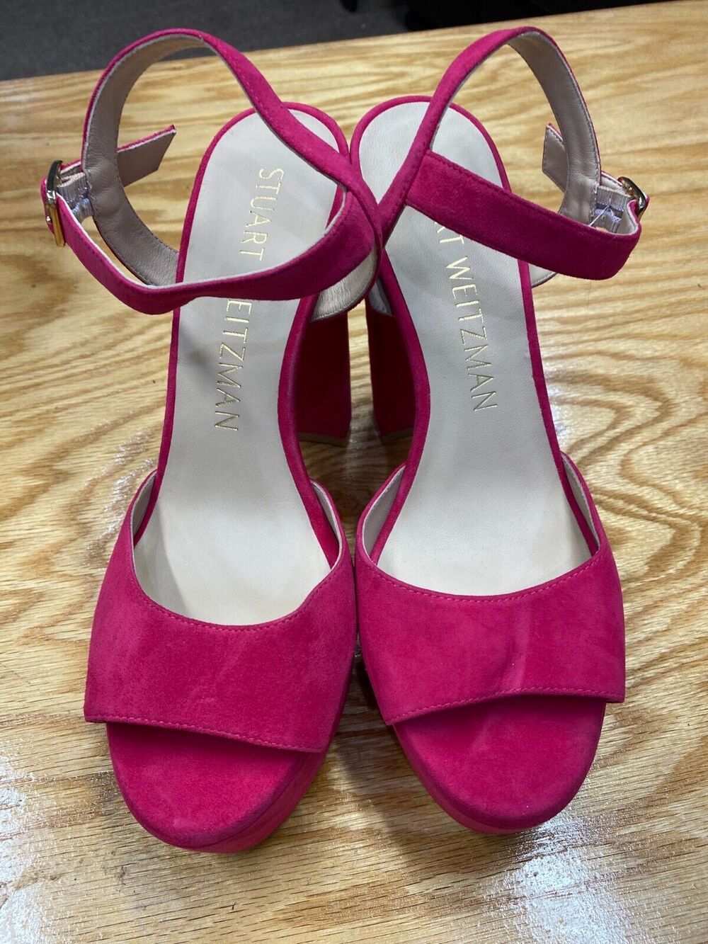 Stuart Weitzman Platform High Heels Women's 9 B Pink Suede Slip On Peep Toe S25